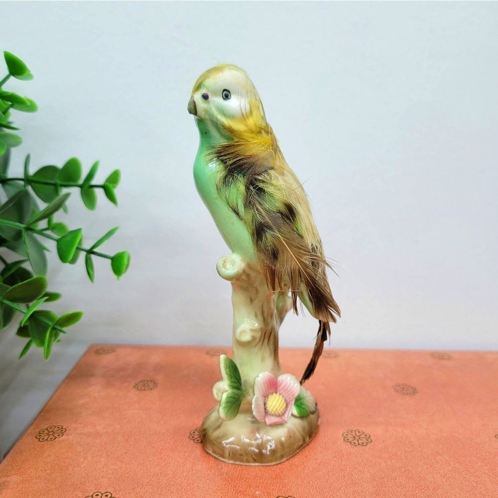 Real Feathered Parakeet Budgie Ceramic Figurine • Hand-Painted Ceramic Bird 🐦🌿